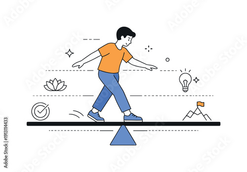 Precision and focus exercise. Abstract editorial scene using a balance beam as a metaphor for focus, with a person carefully moving forward