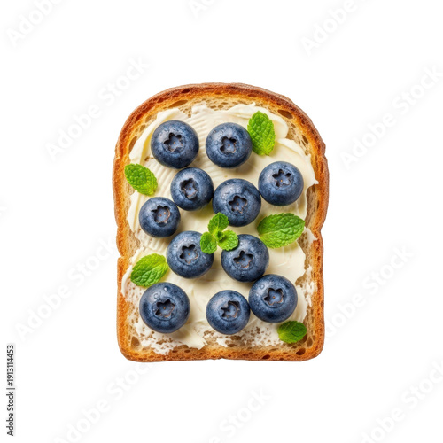 Toast with cream cheese blueberries and mint leaves