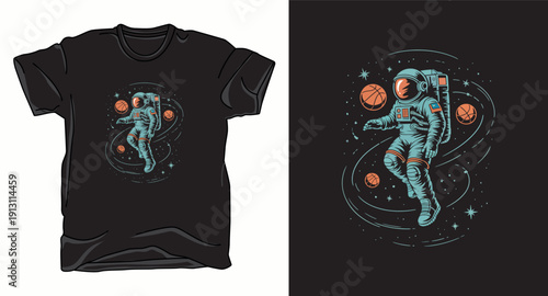 Astronaut playing basketball in space with floating planets and stars vector design vector t-shirt design print template illustration