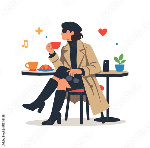 A person sitting at a cafe wearing a stylish trench coat and boots depicted as a clean fashion-focused vignette with emphasis on silhouette