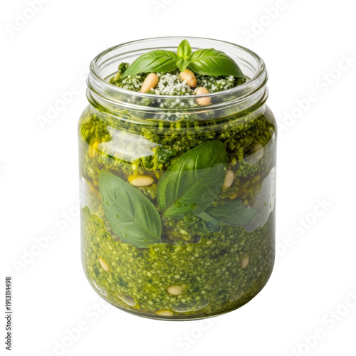 Pesto in a jar with basil and pine nuts