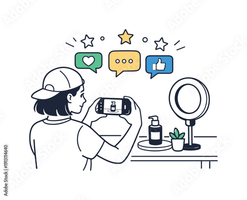 User-generated content example. A creator taking a photo of a product at home, chat bubbles and star icons gently appearing above the screen.