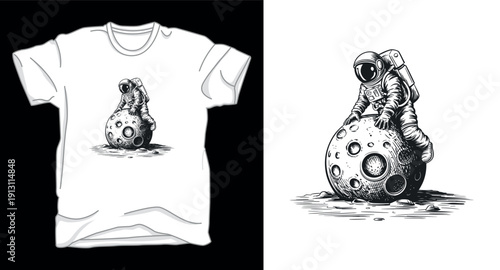 Astronaut climbing moon crater monochrome vector illustration for apparel and print design vector t-shirt design print template illustration