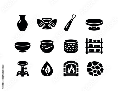 Handmade Pottery Icons. Handmade Pottery. Solid icon set of Handmade Pottery: handcrafted vase, artisan hands, clay shaping tool, rotating wheel, small bowl,
