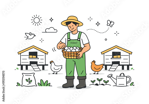 Sustainable farming routine. A farmhand carefully places eggs into a basket while standing between neat chicken coops. Clean, responsible