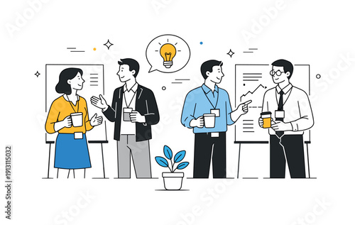 Business networking events. Attendees wearing badges and holding coffee, casually discussing ideas near presentation boards. Calm