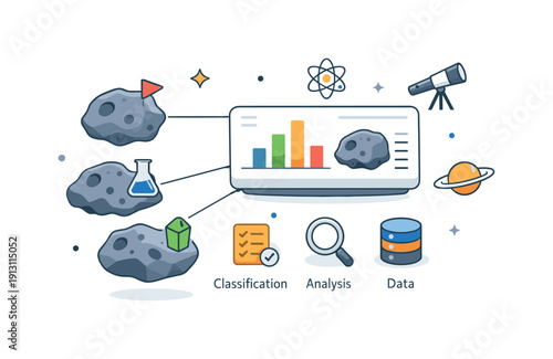 Asteroid belt studies represented by asteroids tagged with small symbols and lines connecting to a floating analysis screen. The scene