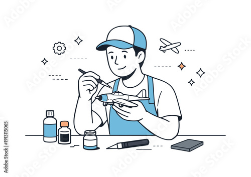 Creative technical hobby. A relaxed builder painting or finishing a model airplane, highlighting precision, patience, and hands-on