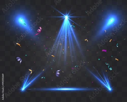 Light blue stage spotlights with falling confetti isolated on transparent background, festive celebration beams with glowing rays and party atmosphere.
