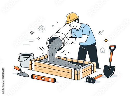 Concrete pouring in form. A calm construction scene with concrete flowing smoothly into a wooden form, tools neatly arranged nearby. The