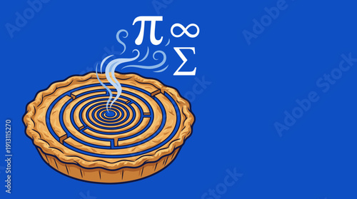 Surreal Vector Illustration of Pie with Infinite Spiral Labyrinth Segments and Mathematical Symbols