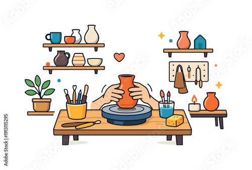Pottery and ceramics making focused on home studios and small creative workshops. A friendly scene with shelves of ceramics, basic tools and