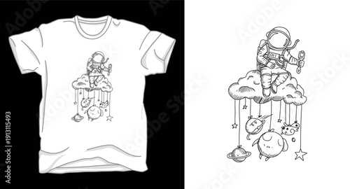 Whimsical astronaut sitting on cloud line art with dangling solar system planets and stars for creative t-shirt graphic vector t-shirt design print template illustration