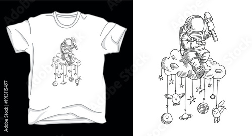 Hand drawn astronaut sitting on cloud with hanging planets and stars line art illustration for minimalist t-shirt design vector t-shirt design print template illustration