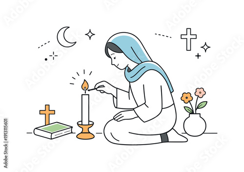 Quiet religious ritual. A person lighting a candle in a calm sacred space, gentle focus and stillness. Peaceful atmosphere, soft symbolism