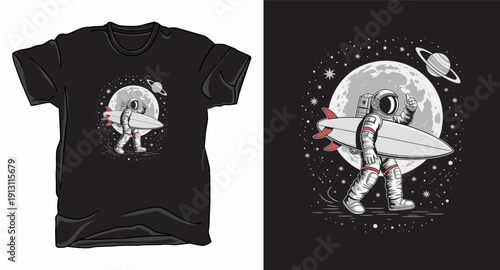 Astronaut cartoon walking holding surfing board on moon background with stars and planet saturn, space explorer flat vector illustration vector t-shirt design print template illustration