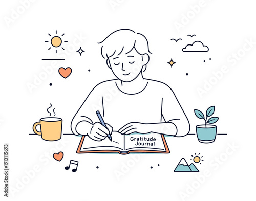 Gratitude practice concept. A calm person writing in a gratitude journal, reflecting quietly on positive moments and everyday appreciation.
