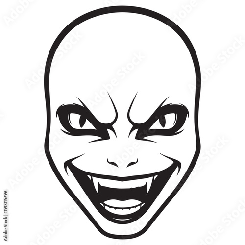 Menacing Face with Sharp Teeth and Intense Eyes, Black and White Illustration
