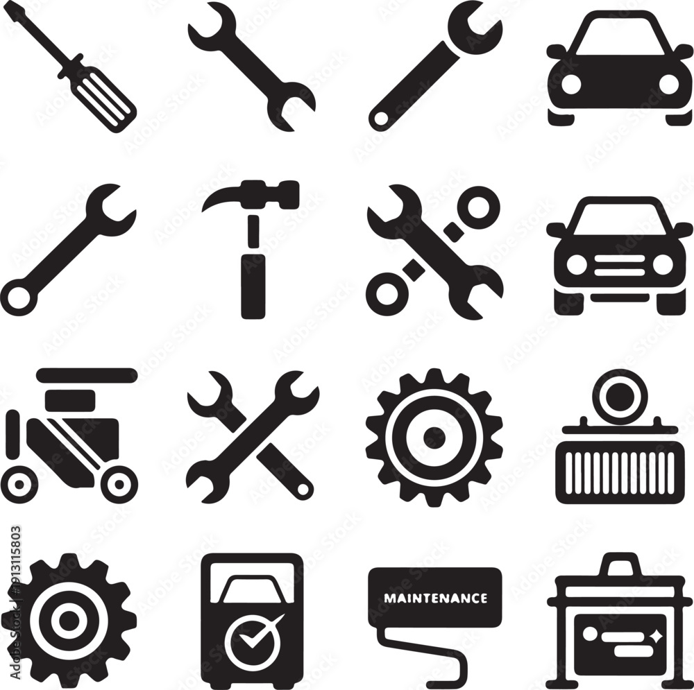 Fototapeta premium Car maintenance tools and equipment set flat icons vector illustration