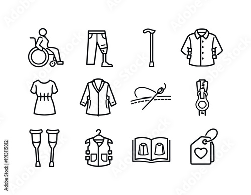 Disability-Inclusive Fashion Icons. Disability-Inclusive Style. Line icon set of Disability-Inclusive Style: fashion for wheelchair users, prosthetic-friendly