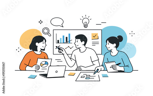 Collaborative research process. People reviewing data together, pointing at charts and notes, sharing insights in a calm environment.