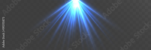 Light blue spotlight rays shining from top center isolated on transparent background.
