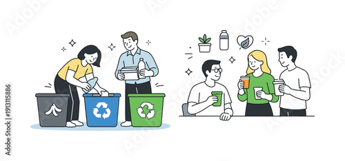 Eco-Friendly Work Routine. Green work habits. Team sorting waste into recycling bins and using reusable cups during a break. Friendly everyday eco actions