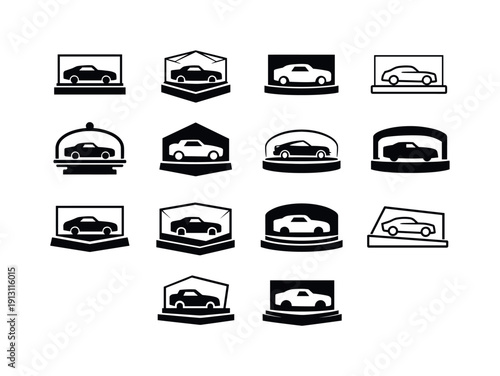    Model cars. Icon set. Set Logo of model cars: collectible car on display. harmonious logo variations of the same emblematic concept, each