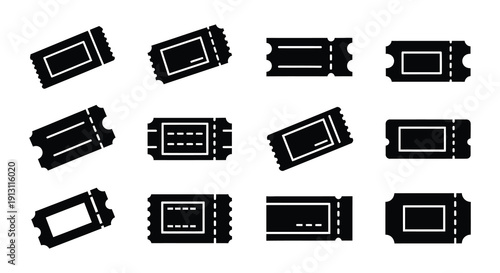 Collection of black and white ticket icons in varying styles