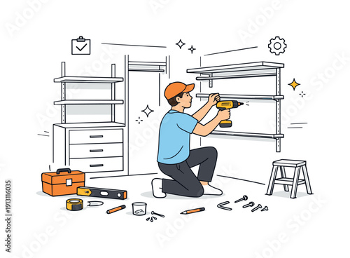 Installing closet storage system. A person assembling shelves and rods inside a walk-in closet, using simple tools and focusing on neat
