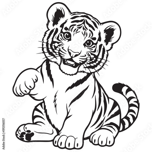 Adorable Tiger Cub Sitting and Waving Paw