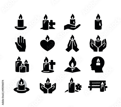 Memorial Candle. Solid icon set of Memorial Candle: remembrance candle, tribute flame, mourning hand, loss symbol, respect gesture, candle