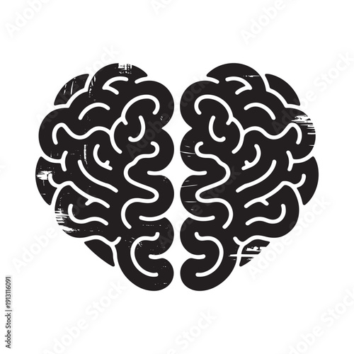 A stylized black illustration depicts a human brain with prominent swirling lobes and deep fissures high quality