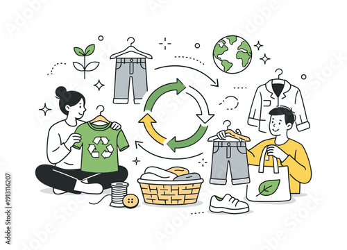 Sustainable fashion mindset. Abstract editorial scene combining recycled clothing, hangers, and eco symbols like leaves or arrows, showing