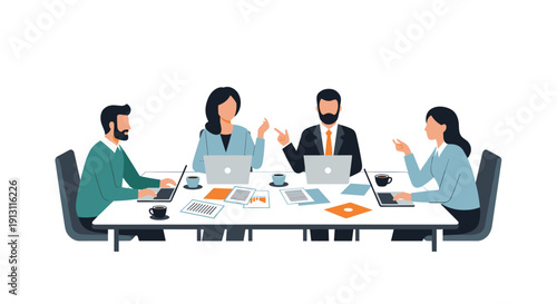 Four diverse business professionals collaborating at a conference table with laptops coffee and documents during a meeting, Generative AI.