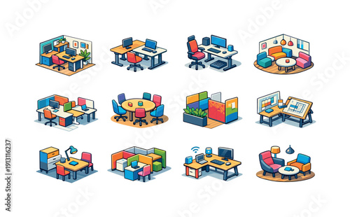    Workspace Design. Colorful isometric vector icons set of Workspace Design: modern office interior, flexible desk systems, ergonomic