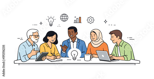 Business diversity concept. A diverse group of professionals collaborating around a table, sharing ideas and perspectives in a