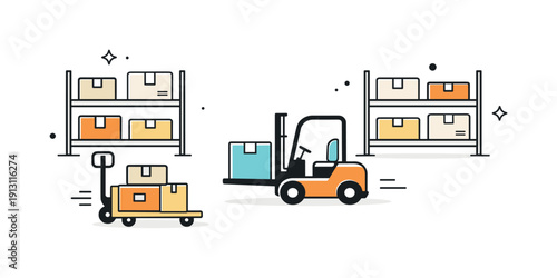Organized Warehouse Icon. Warehouse operations. Minimal icon scene with shelves, boxes, and a simple forklift or cart, symbolizing organized storage and