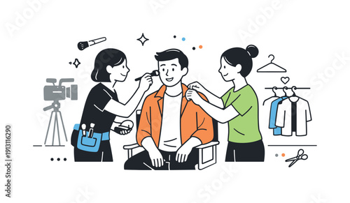 Sitcom Set Preparation. Behind-the-scenes of sitcoms. Makeup artist and costume assistant preparing an actor between takes. Quiet routine moment showing care