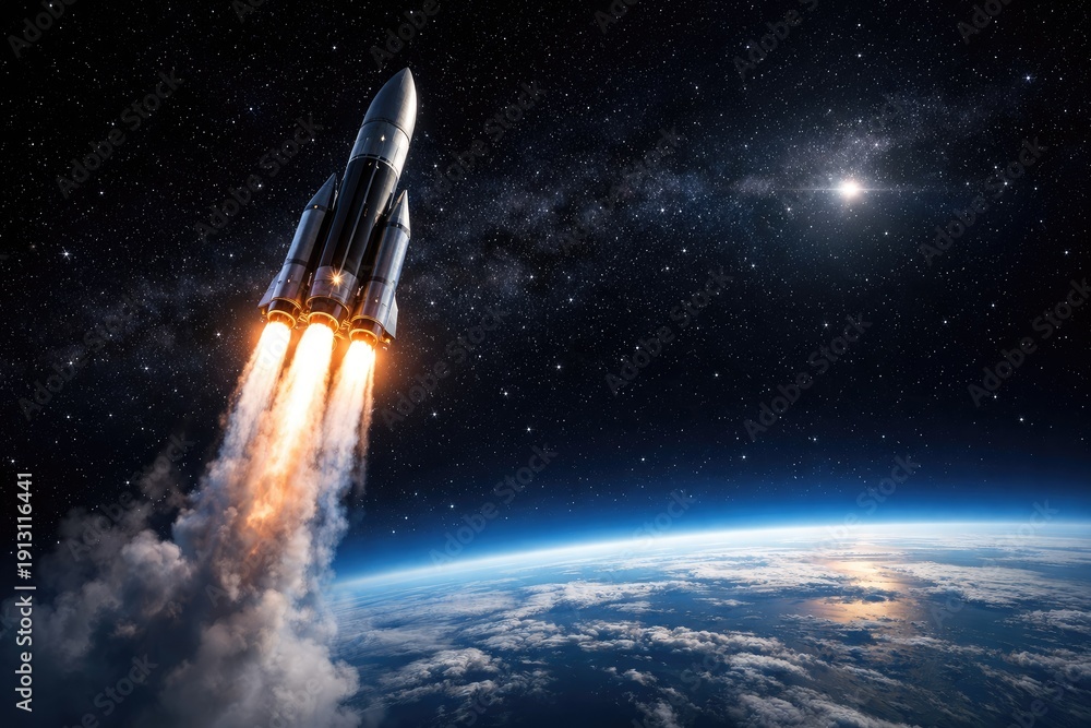 Fototapeta premium Rocket launching from Earth into a dark starry sky with a bright sun flare space liftoff