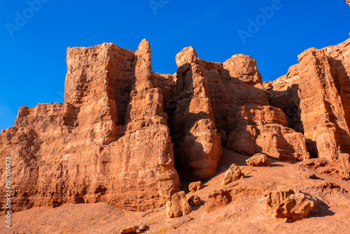 Charyn Canyon, Valley of Castles. The excellence of Kazakhstan. Panorama of natural unusual landscape. The red canyon of extraordinary beauty looks like a Martian landscape.