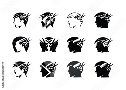    Hair trimming process. Icon set. Set Logo of hair trimming process: clean haircut result symbol. harmonious logo variations of the same