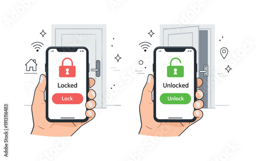 Remote door control. Smartphone screen showing locked and unlocked states while a door appears in the background. Calm representation of