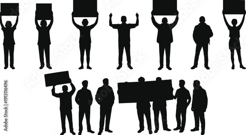 Protesters silhouettes set, crowd holding blank protest banners and placards isolated on white background activism demonstration illustration