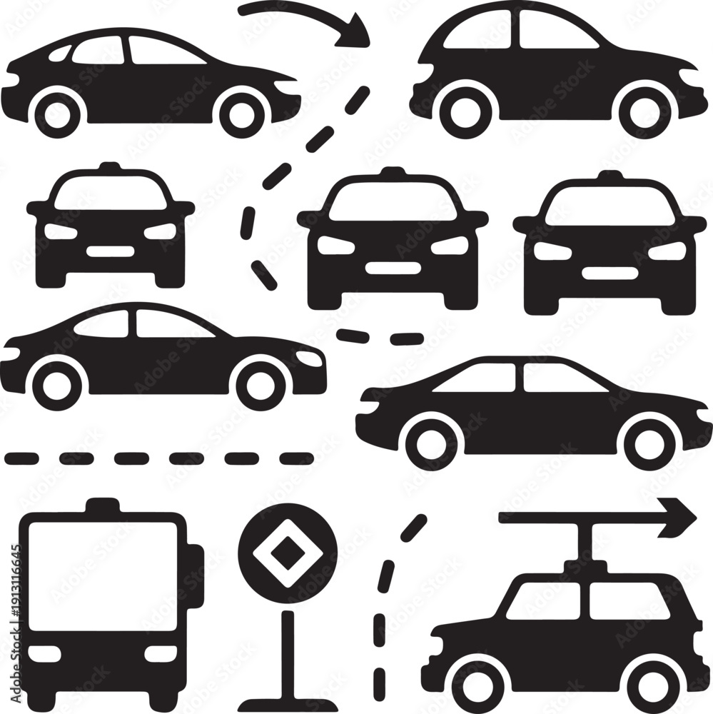 Naklejka premium Collection of black and white car icons with directional arrows for traffic flow and transportation design