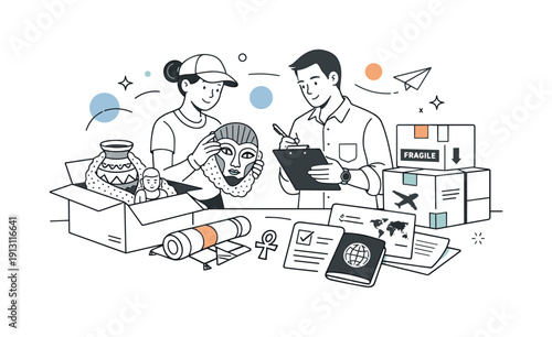 Exporting cultural goods. Careful preparation of traditional artifacts for international shipment, calm professional handling and respect for