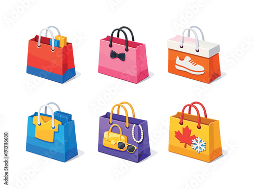Colorful Shopping Icons. Retail shopping. Isometric flat vector icons set of retail shopping: mall shopping bag, fashion store bag, shoe store bag, clothing