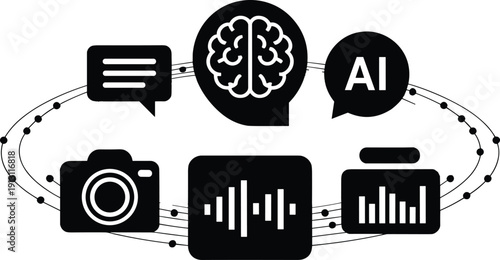 Artificial intelligence ecosystem infographic with brain chat photography audio and data icons representing multimodal machine learning and digital transformation technology