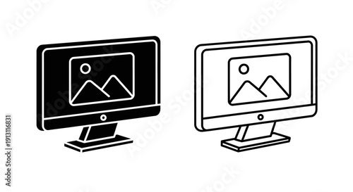 Two monitors displaying placeholder images on desk setup for work or gaming Vector