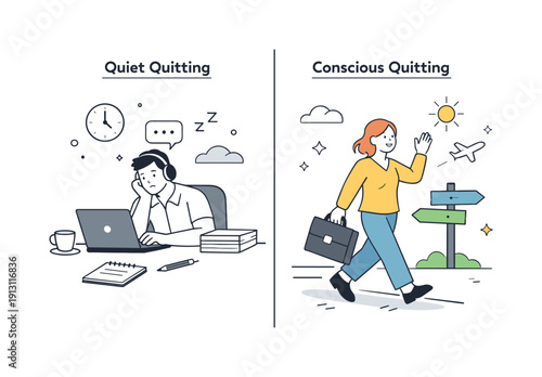 Quiet quitting vs conscious quitting. Split scene showing two employees, one staying disengaged and one choosing a new path. Balanced